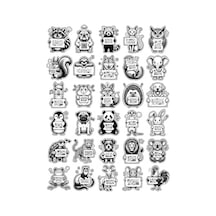 30 Adet Siyah Beyaz Karikatür Hayvan Sticker Seti - Laptop Defter Ajanda İçin
