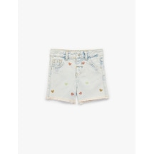 Koton Kalp Nakışlı Paça Detaylı Pamuklu Denim Şort Lıght Indıgo 6smg40002ad Açık Mavi
