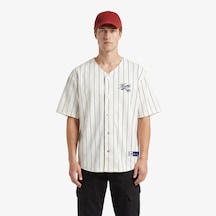 Karl Kani Cursive Varsity Pinstripe Cropped Baseball Erkek Beyaz Gömlek Km261-018-1 Çok Renkli
