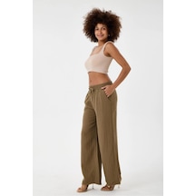 Dıanna Kadın Beli Lastikli Wide Leg Müslin Pantolon %100 Pamuk Geniş Bol Paça Rahat Ofis & Günlük Stil Toprak Kahvesi