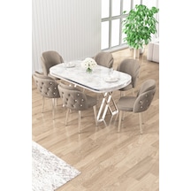 Canisa Zae Serisi 90x168 Lak Panel Beyaz Mermer Desen Krom Ayak Masa Takımı 6 Cappucino Sandalye Masa Beyaz Mermer Desen Sandalye Cappucino