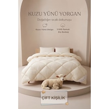 %100 Doğal Kuzu Yünü Yorgan Çift Kişilik Pamuk Kılıflı Kokusuz Terletmez Yıkanabilir 200x220 Cm Krem