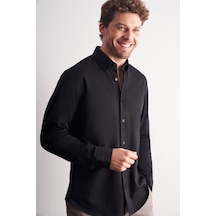 İmza Siyah Düğmeli Yaka Kendinden Desenli Örme Uzun Kol Performans Ürün Slim Fit %100 Pamuk Gömlek 1004255272 Siyah
