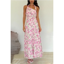 Madmext Pembe Önü Büzgülü Çiçekli Uzun Elbise Mg2363 Pembe