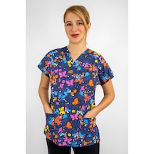 Unisex Butterfly Desenli Likralı Doktor Hemşire Tek Üst Forma Scrubs Greys Renkli Renkli