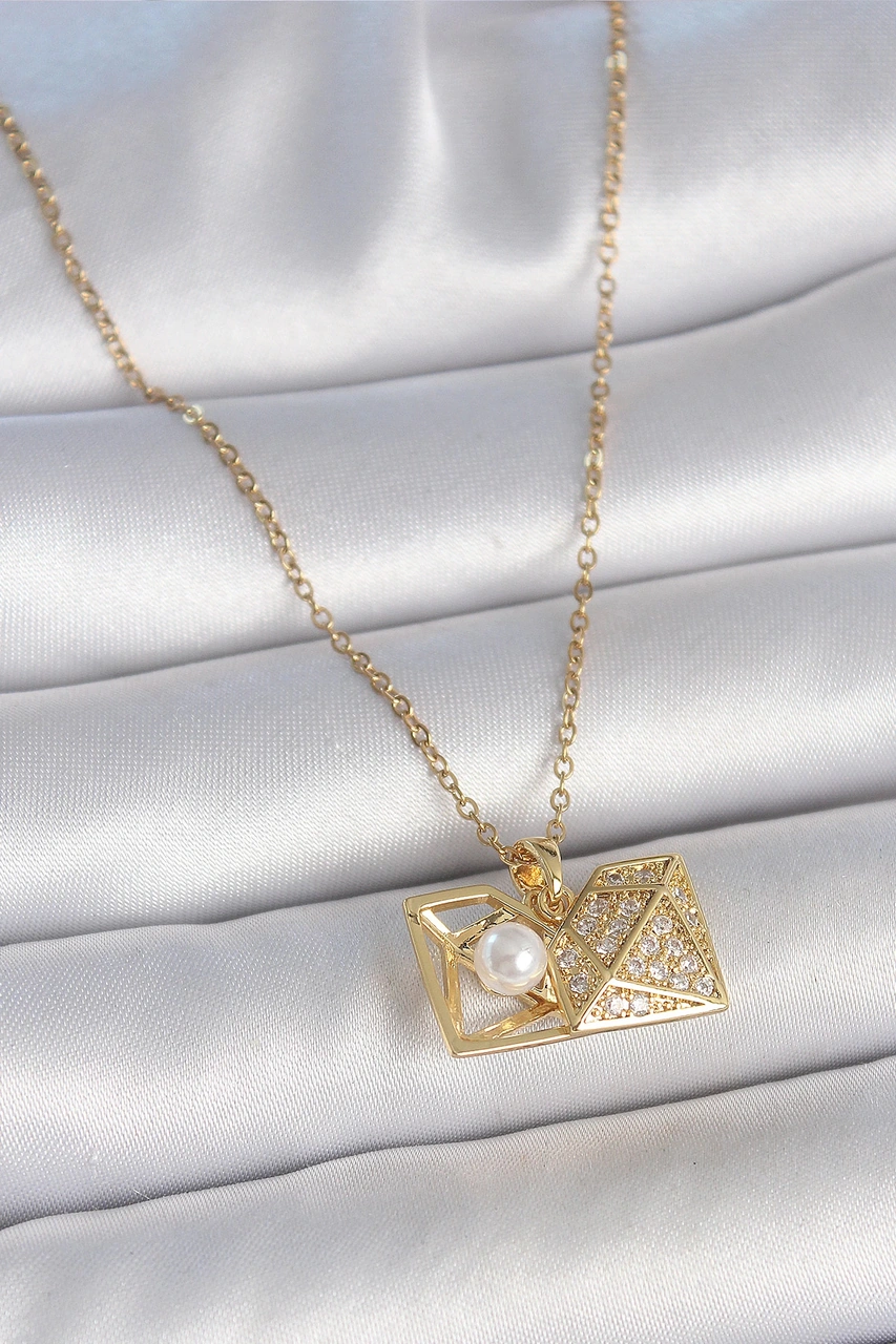 Dodes Dodes 316l Çelik Gold Renk Zincir Zirkon Taşlı Açılır İncili Elmas Model Kadın Kolye Tg27bko10 Çok renkli