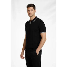 Erkek Yazlık Dokuma Triko Tişört Fermuarlı Polo Yaka Kısa Kol T-shirt - Siyah