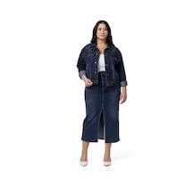 Disentis Büyük Beden Önden Yırtmaç Detaylı Beş Cepli Midi Denim Lacivert Etek-lacivert Lacivert