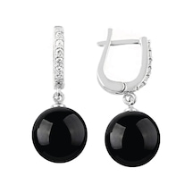 Gümüş Sallantılı Yuvarlak Siyah Oniks Taşlı Kadın Küpe 8 Mm