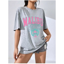 Kadın Gri ''göğüs Malibu Baskılı'' Oversize T-shirt Start0000260