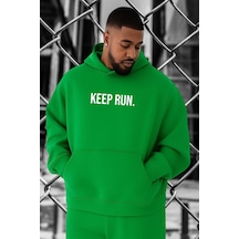 Benroma 3 İplik Penye Keep Run Baskılı Büyük Beden Sweatshırt Yeşil