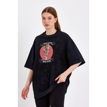 JAHR MARC Kaplan Baskılı Oversize Siyah Kadın T-shirt - XXL