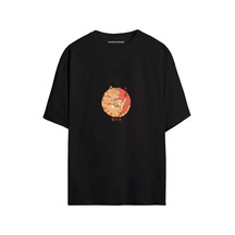 Anime Uyuyan Kedi Baskılı Unisex Siyah - Beyaz Oversize T-shirt SIYAH