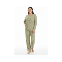 Bravie Üstü Yazılı Altı Kare Desenli Elite Viscose Uzun Büyük Beden Pijama Takımı Beyaz 3594 Haki