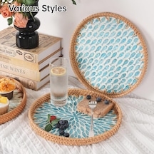 Morponi 2'li El Yapımı Doğal Rattan Tepsi Sedef Desenli Yuvarlak Sunum Tepsisi Şık Servis Tepsisi 30-33 Cm Mavi Kahverengi