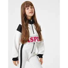 Koton Sweatshirt Dik Yaka Yarım Fermuarlı Uzun Kollu Baskılı Renk Kontrastlı Ekru 4wkg10559ak 4WKG10559AK010 Ekru