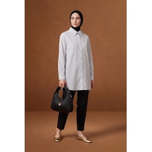 Armine Trend Çizgili Asimetrik Blok Detaylı Düğmeli Uzun Kollu Oversize Gömlek Tunik 90 Cm Boy Siyah 26yt490