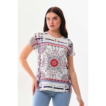 Sistas Kadın Desenli Pencere Detaylı Kısa Kol Bluz 23145 Ekru