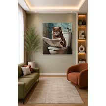 Tam Renk Tekli Kare Banyo Gazete Okuyan Gri British Kedi Dekoratif Kanvas Duvar Tablosu Çok Renkli