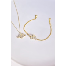 Papatya Silver 925 Ayar Gümüş Gold Kaplama Zirkon Taşlı Fil Kolye ve Bileklik Set
