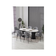 Meri 90x180 Bohem Masa - 6 Adet Ay Sandalye / Kalve Kumaş- Mdf Masa Gri Gri