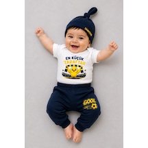 Babyden's %100 Pamuk Sarı Lacivert En Küçük Taraftar Bebek Takımı 3'lü Kısa Kol Body,pantolon Ve Şapkalı Yenidoğan Seti 0-9 Ay Beyaz - Lacivert