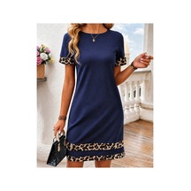 Butik İstanbul Kadın Kısa Kollu Bisiklet Yaka Leopar Şerit Detaylı Kısa Modal Elbise Saks Mavi