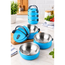3 Katlı Yeni Nesil Sefer Tası Lunch Box Beslenme Kabı Paslanmaz Çelik 1800 Ml Mavi