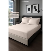 Satin Stripe %100 Pamuk Saten Çift Kişilik Çizgili Lastikli Çarşaf Seti Yastıklı 160x200+30 Bej
