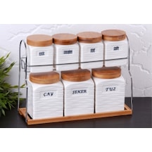 7'Li Bambu Kapaklı Askılı Porselen Baharatlık Baharat Takımı