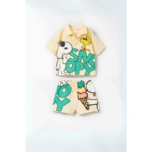 Unisex Bebek & Çocuk Snoopy Baskılı Pamuklu Polo Yaka T-Shirt Ve Şort Alt Üst Takım