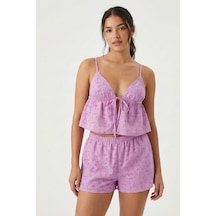 Kadın Lila Astarlı Kendinden Desenli Dokuma Şortlu Pijama Takımı Mor
