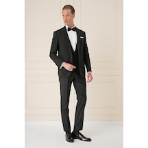 Efor Black 078 Slim Fit Çıkarılabilir Saten Yaka Cerutti Kumaş Yelekli Siyah Damatlık Smokin Takım Siyah