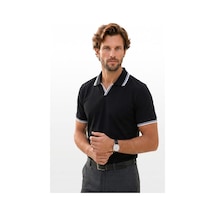 Tudors Erkek Slim Fit Dar Kesim %100 Pamuklu Çizgili Detaylı V Yaka Siyah Polo Yaka Tişört-51594