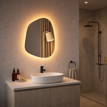 40x55 Cm Asimetrik Led Aydınlatmalı Ayna Touch Sensörlü, Dimmer Özellikli Günışığı 3000k Modern Duvar Dekoru Sarı
