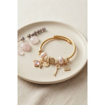 Pembe Kalp Model Gold Renk Charmlı Bileklik - Lisinya