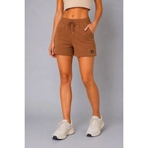 Kadın Dokuma Kumaş Cepli Bağcıklı Regular Fit Yazlık Şort - Kahverengi