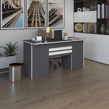 Kenzlife Ofis Masası Pat Morita Gri 75 160 60 Kilitli Kapaklı Dolap Çiftli Şeritli Bilgisayar Çalışma Masası Beyaz