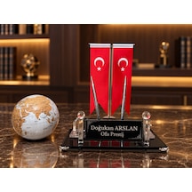 Velora 3 Parça Kristal Ofis Seti Kişiye Özel İsimlik Türk Bayraklı Beyaz Dünya Küreli Beyaz - Siyah