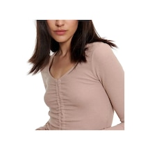 Escbutik Kadın V-yaka Önü Büzgülü Uzun Kollu Crop Bluz Krem