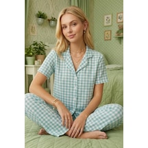 Fit Women Kare Desenli Bürümçük Kumaş Kısa Kollu Pijama Takımı 6065 Su Yeşili