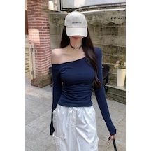 Lacivert Kadın Düşük Omuz Kayık Yaka Dar/slim Uzun Kollu T-shirt Lacivert
