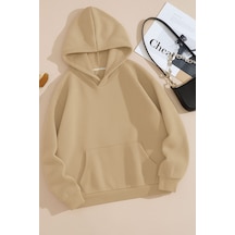 Benroma 3 İplik Penye Düz Ünisex Oversize Kapüşonlu Sweatshırt Bej