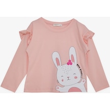 Breeze Kız Çocuk Uzun Kollu Tişört Sevimli Tavşancık Baskılı Omuzu Fırfırlı 1-4 Yaş, Pembe-pembe Pembe