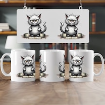 Kahve Seven Gri Kabarık Kedi Kupa Bardak - Sevimli Ve Komik Kedi Tasarımları - Hediye Beyaz