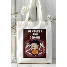 Art Hediye Dentures And Demon Mobil Oyun Baskılı Bez Çanta Omuz Çantası Çift Tafaflı Baskı Kişiye Özel 3 Çok Renkli
