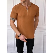 Modefendi Slim Fit Sıfır Yaka Fermuar Detaylı Triko Tshırt Kahverengi