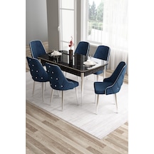 Canisa Tia Serisi 80x132 Açılabilir Mdf Siyah Mermer Krom Detay Yemek Odası Takımı Ve 6 Lacivert Sandalye Masa Siyah Mermer Desen Sandalye Lacivert