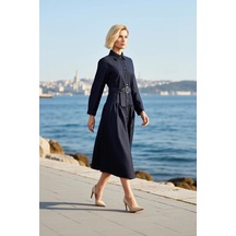 Benerly Kadın Maxi Elbise Yaka Uzun Standart Kol Dökümlü Kemerli Denim Ri Mavi
