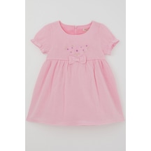 Breeze Kız Çocuk Elbise Çiçek Nakışlı Kolları Lastikli Fiyonk Aksesuarlı 1-4 Yaş , Pembe